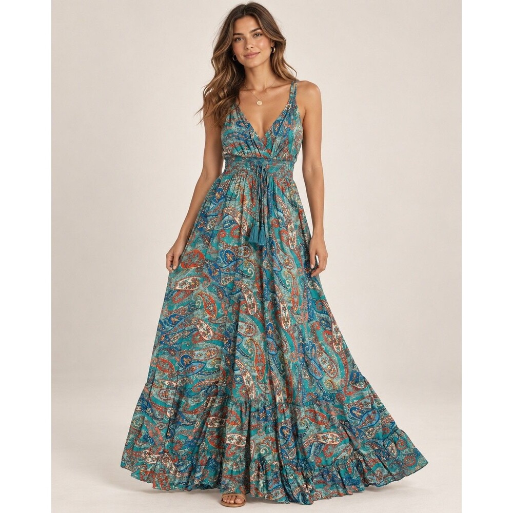 Women’s Paisley Jumpsuit Sleeveless V-Neck One Size Blue Multicolor silk blend